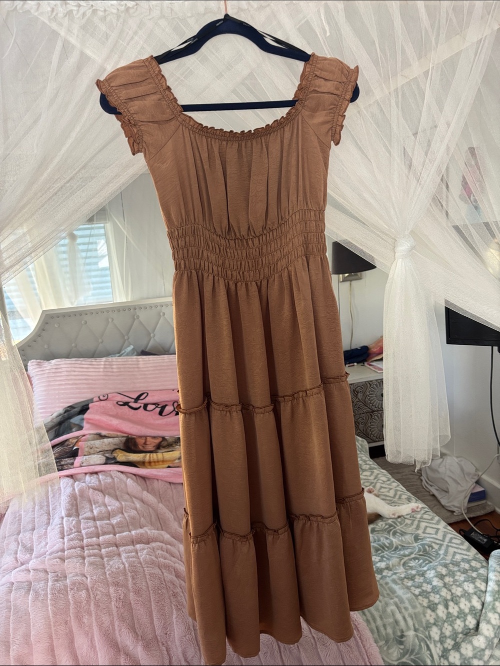 Forever 21 Brown Tiered Midi Dress with Smocked Waist